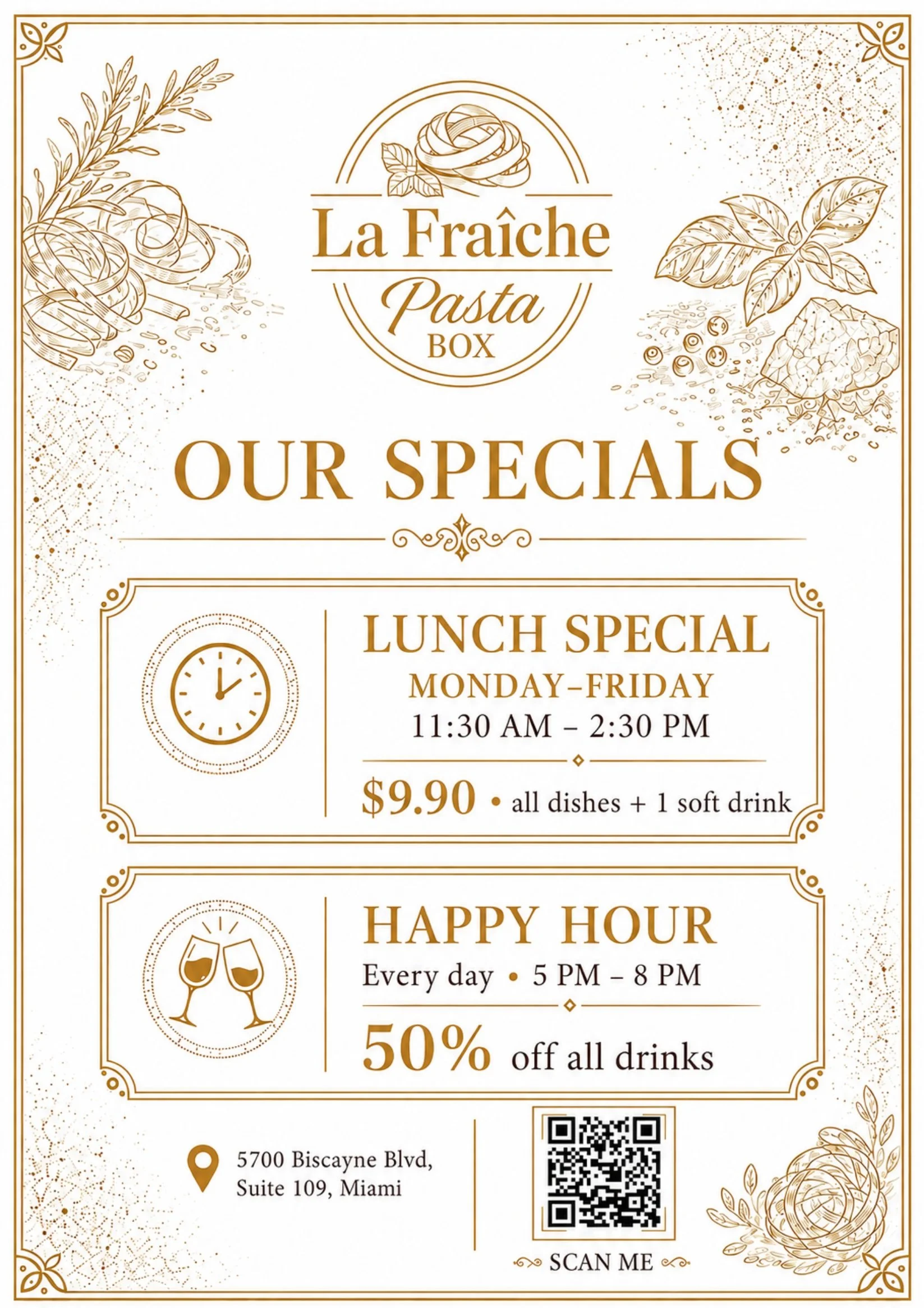 A menu flyer for La Fraiche Pasta Box, featuring designs of pasta, herbs, and a clock. It highlights lunch and happy hour specials, with a location in Miami and a QR code for more information.