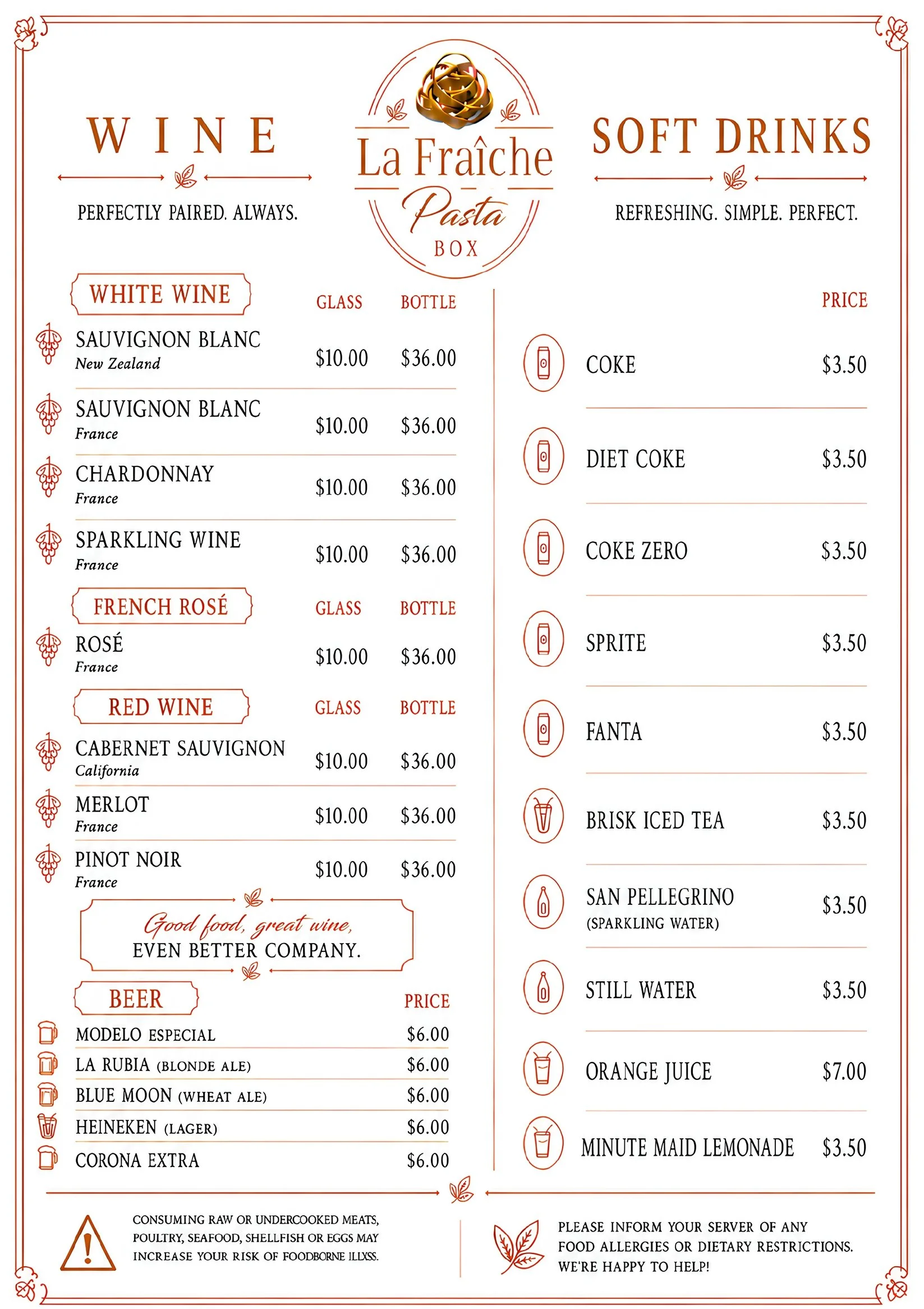 Menu offering wine, soft drinks, beer, and additional food options, with prices and descriptions, at La Fraîche Pasta Box.
