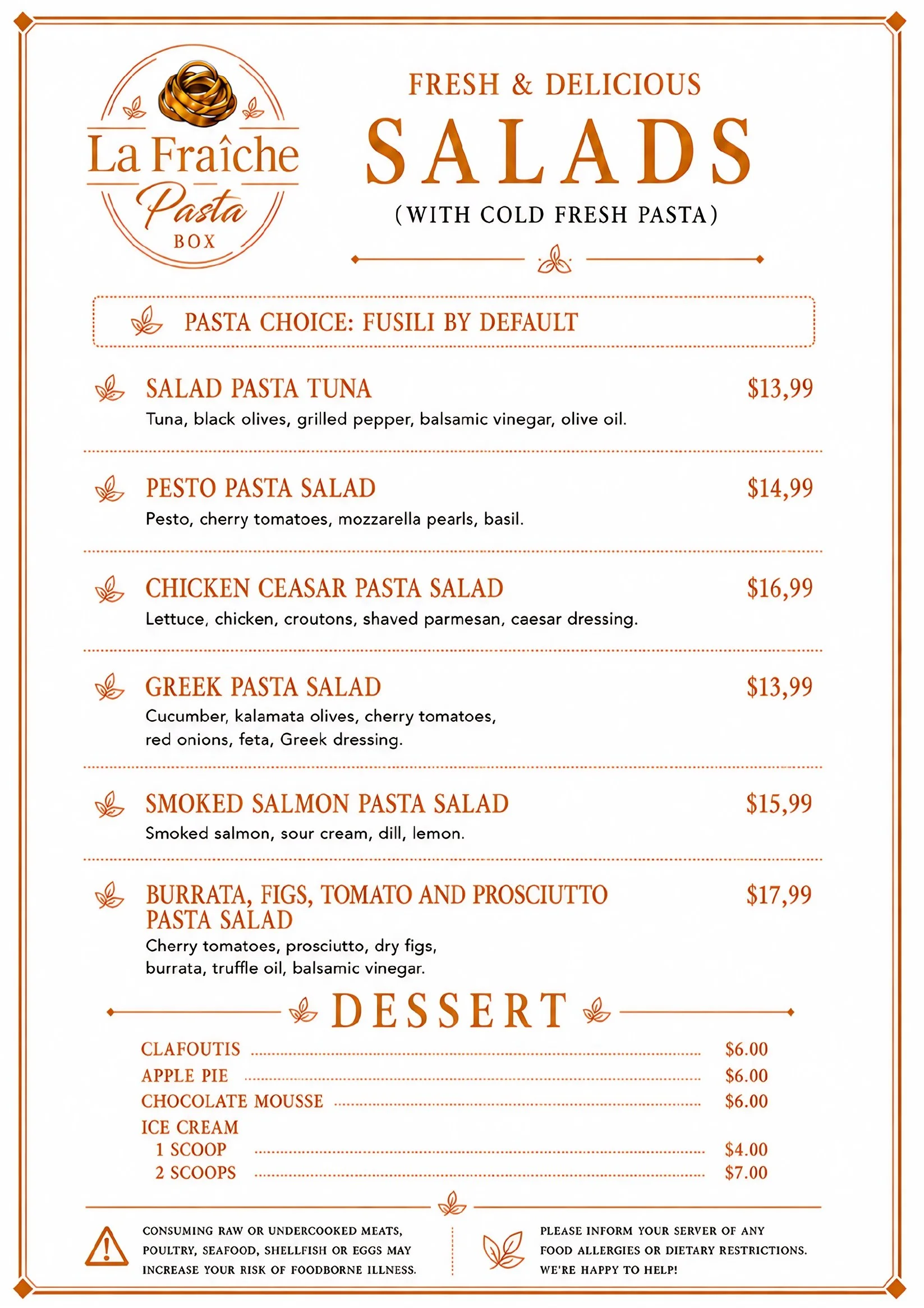 Menu featuring salads and desserts, including pasta salads, traditional pasta salads, and various desserts such as apple pie and ice cream, with prices listed.