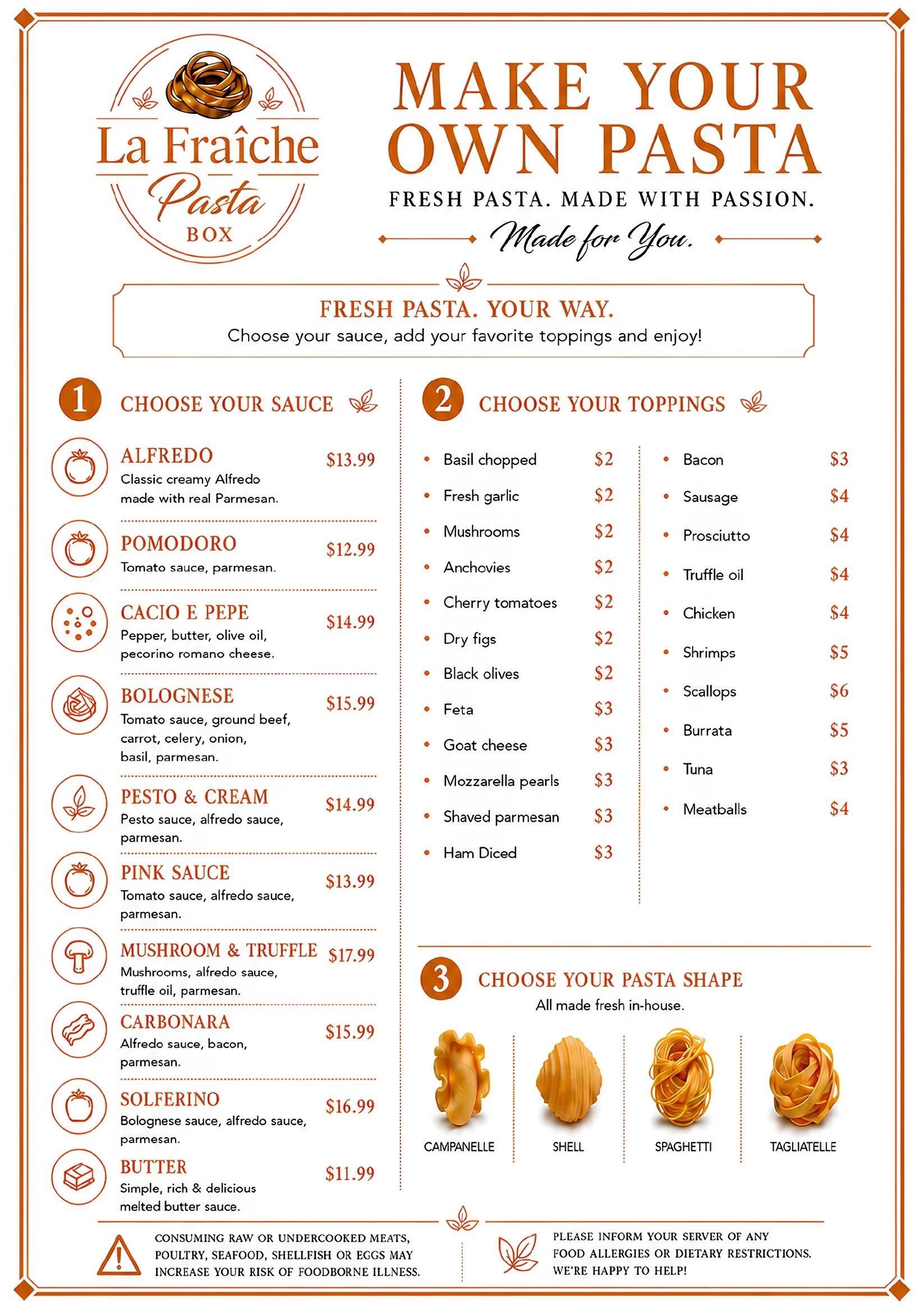 Menu for La Fraîche Pasta Box featuring options to create your own pasta with various sauces and toppings, including images of pasta shapes like campanelle, shell, spaghetti, and tagliatelle.