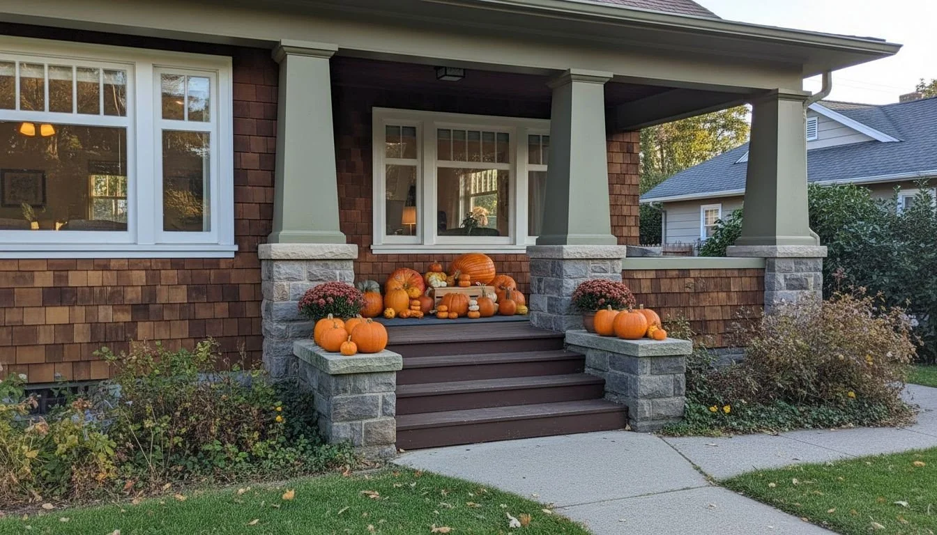 Front porch decorated with pumpkins and chrysanthemums for fall.