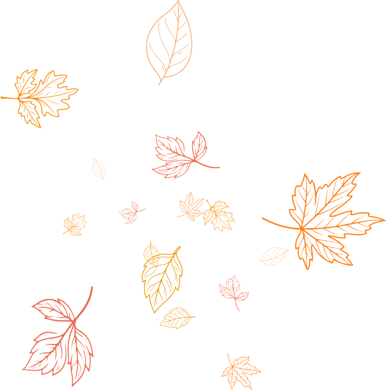 Outline autumn leaves in shades of orange, yellow, and pink scattered on a black background.