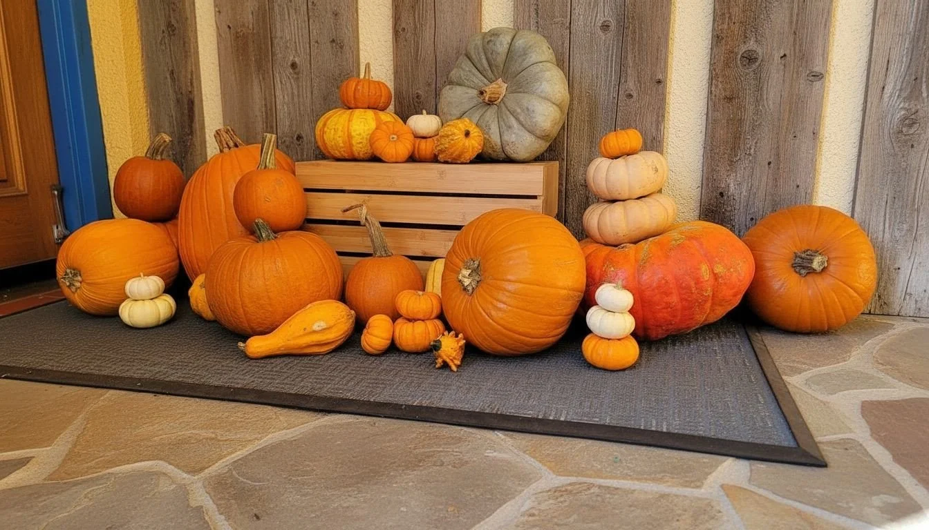 A variety of pumpkins and gourds displayed on a black mat in front of a wooden wall.