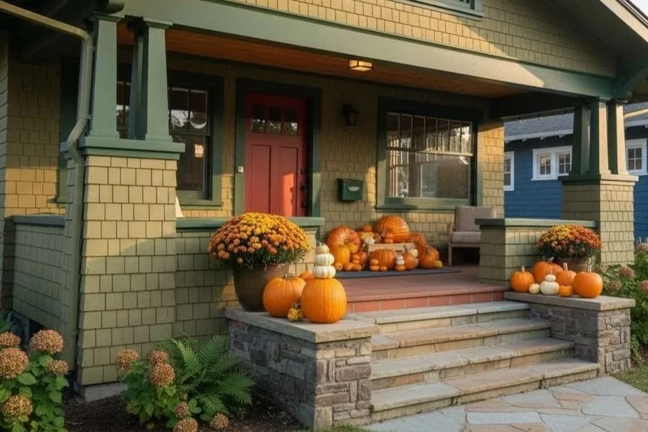 Front porch of a house decorated for fall with pumpkins, gourds, and potted chrysanthemums.