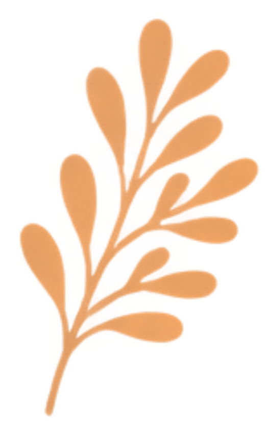 Illustration of a stylized brown plant or leaf with multiple rounded, elongated leaflets arranged along a central stem.