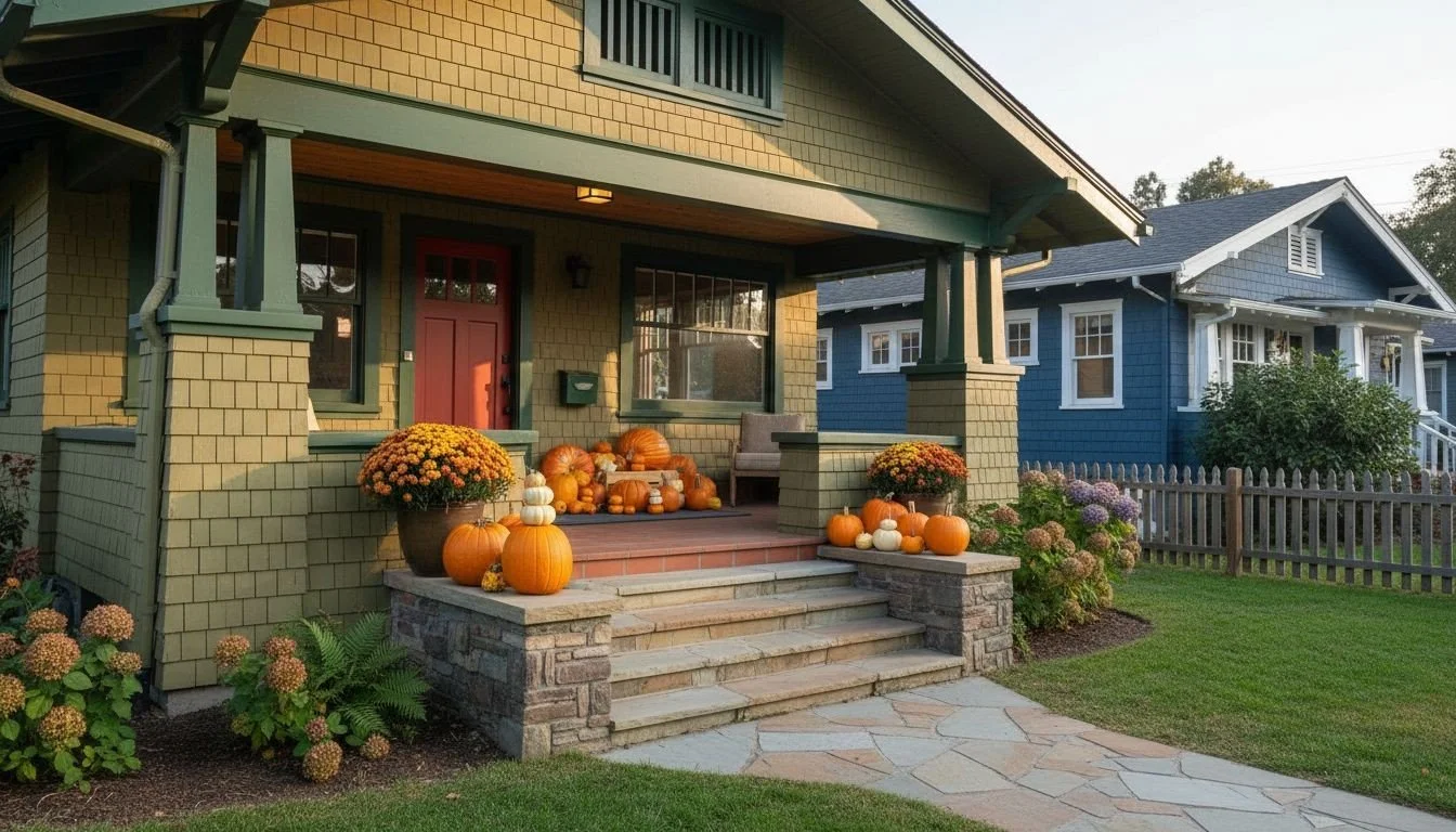 Front porch of a house decorated with pumpkins and potted chrysanthemums for fall or Halloween, with a green house on the left and a blue house on the right, and a well-manicured lawn.