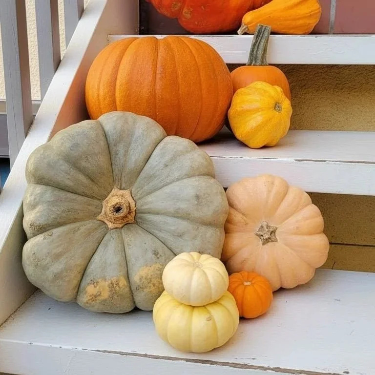 Various pumpkins and gourds, including large greenish-gray and pale orange pumpkins, along with smaller white and orange gourds, arranged on white wooden stairs with a yellow wall background.