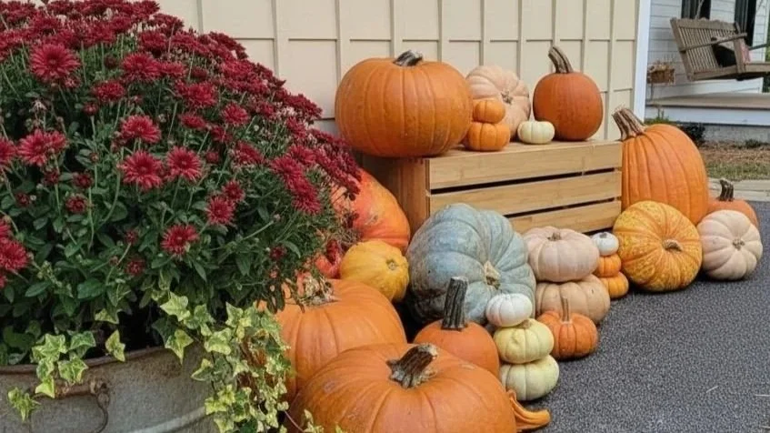 Various pumpkins and gourds arranged on the ground and on a wooden crate, with a large potted red chrysanthemum plant nearby, on a paved surface in front of a beige fence.