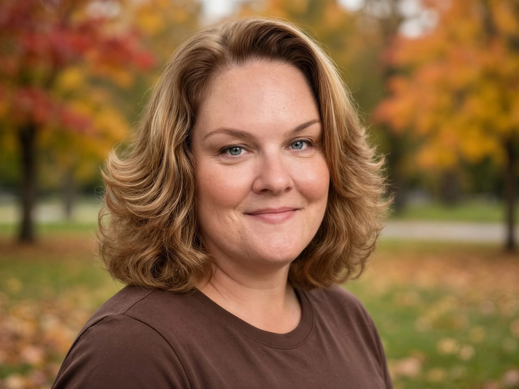 Close-up of a woman with shoulder-length, curly, blonde hair, wearing a brown top, standing outdoors with autumn-colored trees in the background.