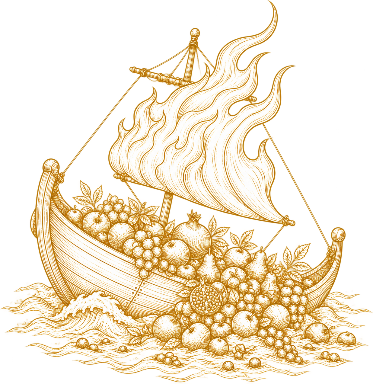 The flame sailed ship overflowing with fruit represents the martyrdom of Saint Polycarp in Smyrna, an ancient seaport. Polycarp produced much spiritual fruit and the harbor of Smyrna produced much material fruit. The logo of Polycarp's Harbor reflect
