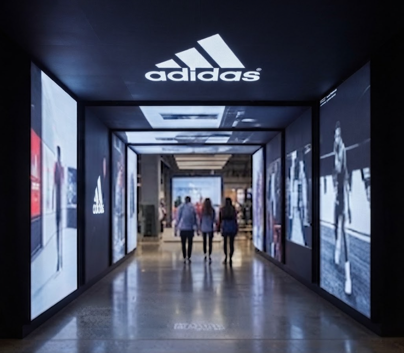 Immersive digital hallway entrance featuring high-impact backlit brand displays and dynamic lighting.