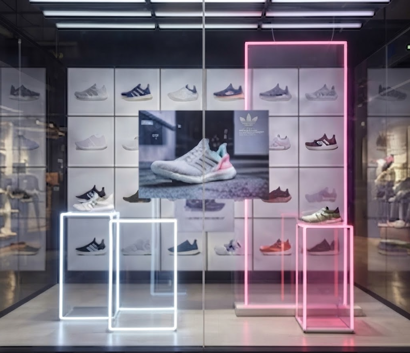Product showcase window featuring neon-lit structural frames and raised display podiums for featured footwear releases.