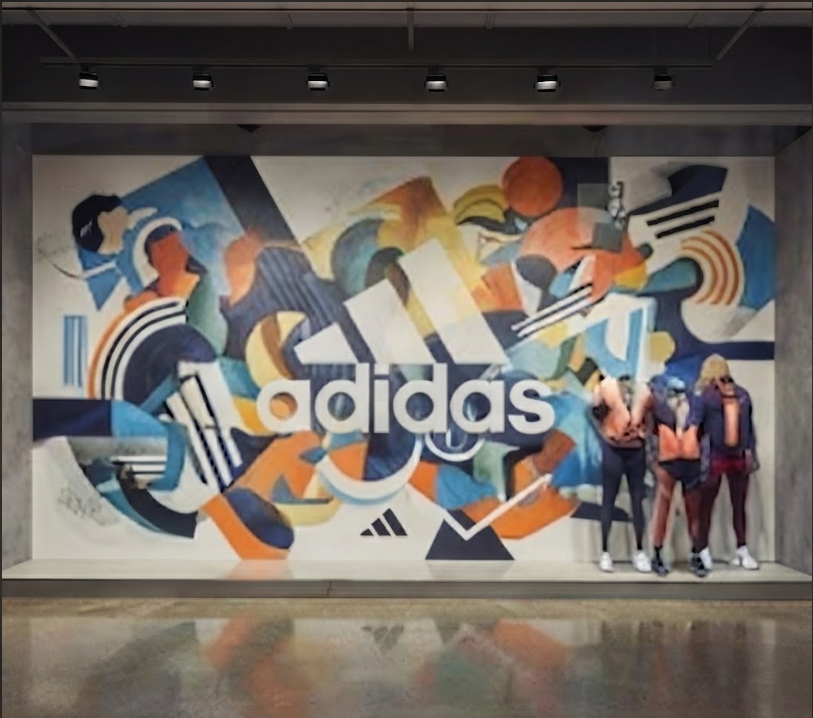 Custom abstract graffiti and branded mural wall combining dynamic shapes with lifestyle apparel.