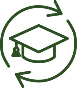 A stylized green icon of a graduation cap with circular arrows around it, symbolizing education or learning.