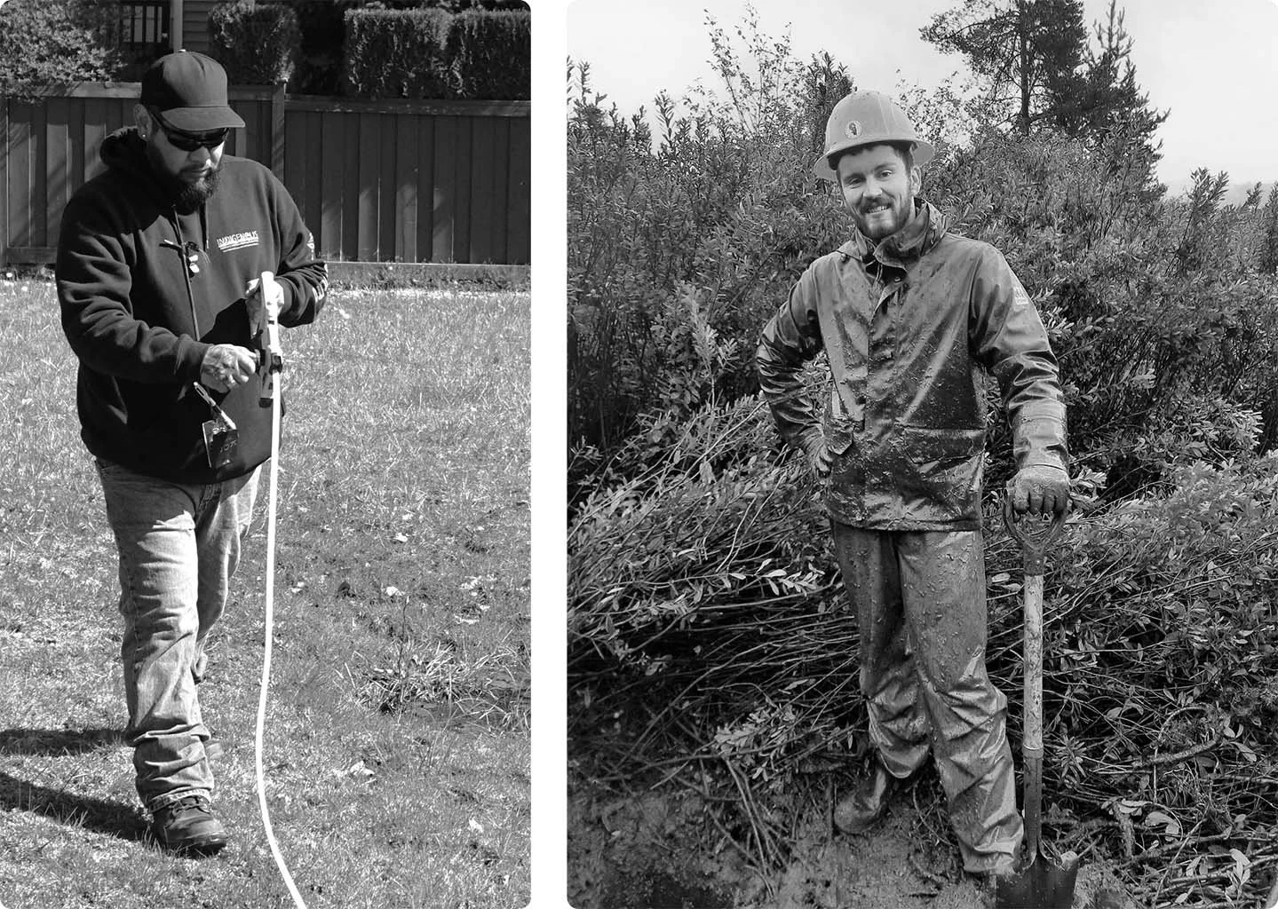 Side-by-side black and white photos, left: man in sunglasses, cap, and hoodie using ground-penetrating radar in a backyard, right: man in work gear and helmet holding a tool in a dense bush area.
