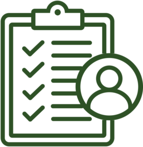 Icon of a clipboard with checkmarks and a user profile symbol