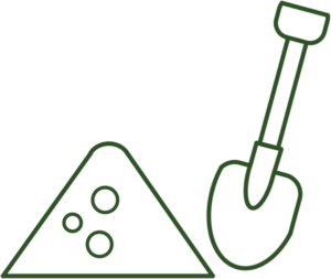 Line drawing of a shovel with a pointed tip and a triangular pile of dirt with three small rocks.