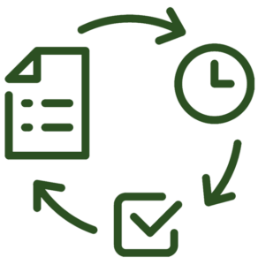 A digital illustration depicting a process cycle with icons of a document, clock, checklist, and curved arrows connecting them.