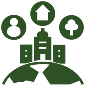 Icons of a person, arrow pointing up, tree, and city buildings on a hill.