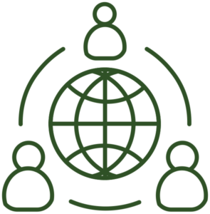 Icon of three people surrounding a globe, representing international teamwork or global connection.