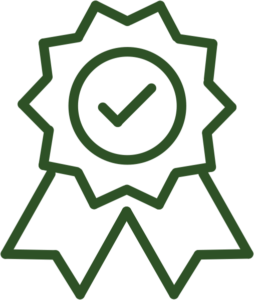 Icon of a green award ribbon with a checkmark inside a circle.
