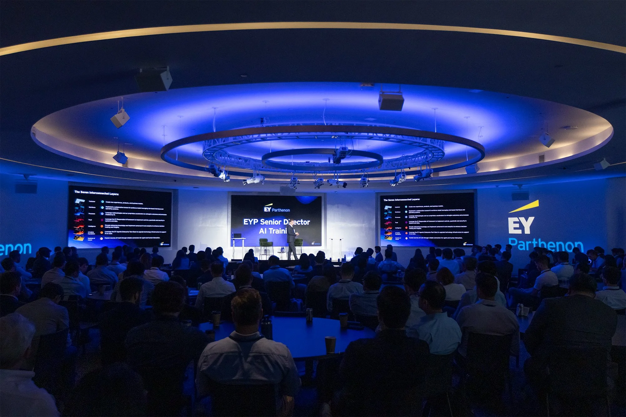A large conference room filled with people attending a presentation. There are two large screens on either side of the stage displaying slides about the seven interconnected layers of enterprise architecture. The presenter is on stage discussing AI t