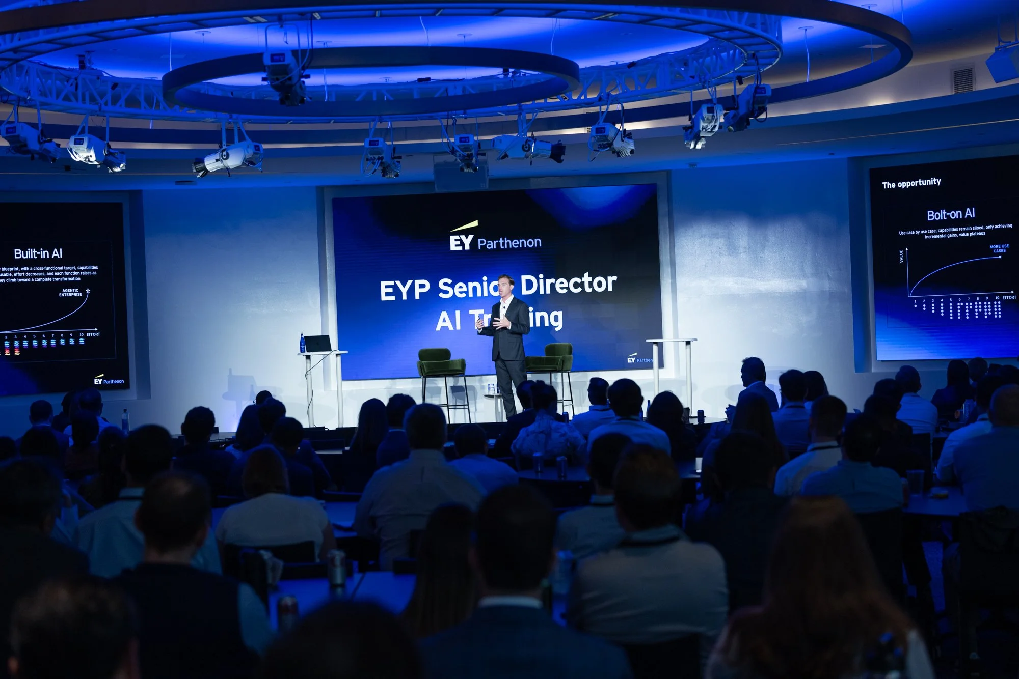 A man in a suit speaking on stage at a conference, titled 'EYP Senior Director AI Training,' with large screens displaying charts and the EY Parthenon logo behind him; audience members are seated facing the stage.