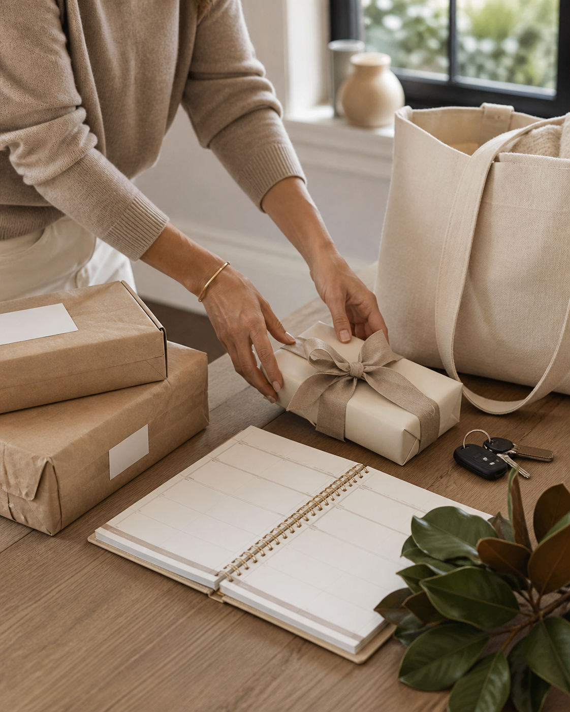 Family concierge preparing returns, a gift, and a weekly planner