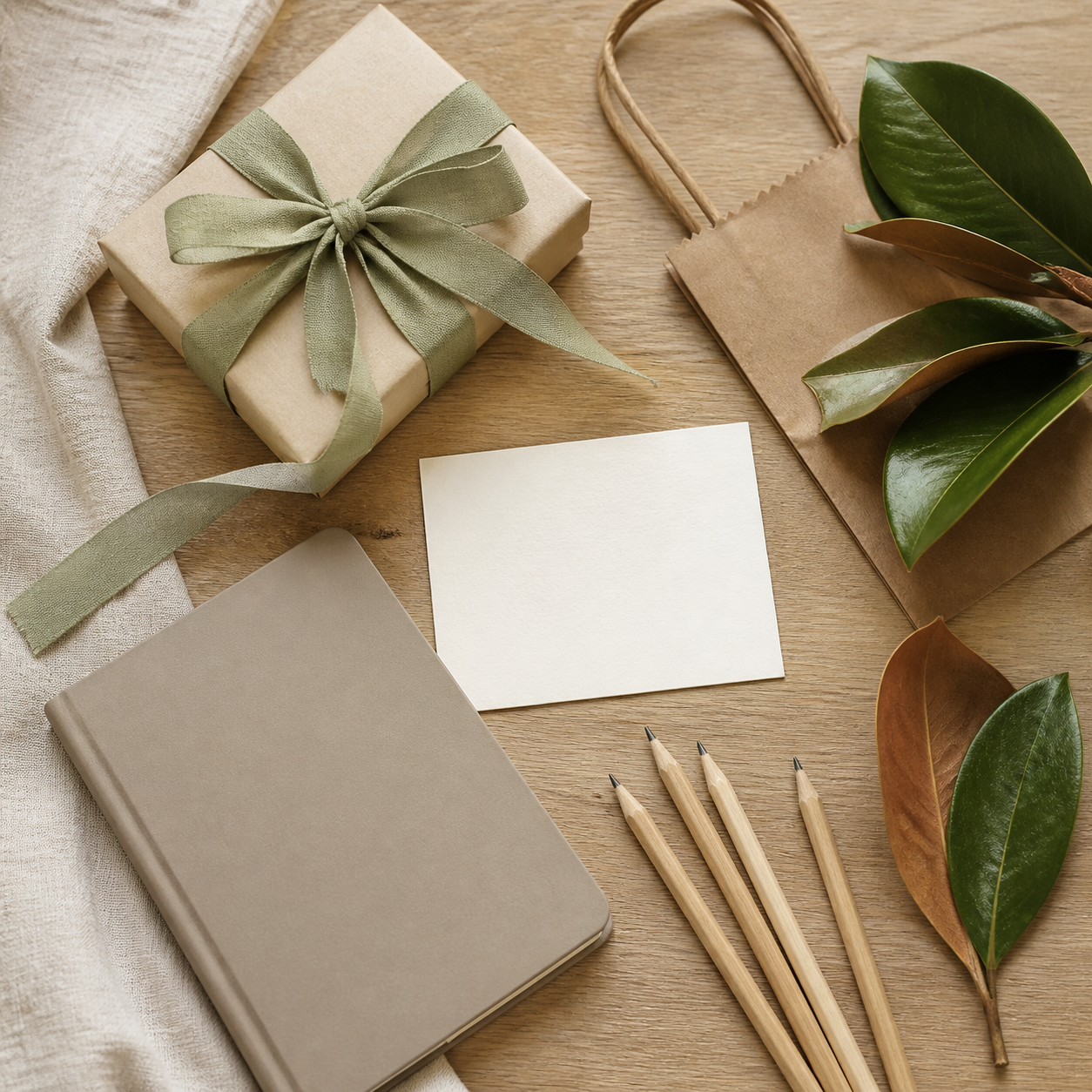Thoughtfully wrapped family gift with sage ribbon, handwritten card, and school supplies