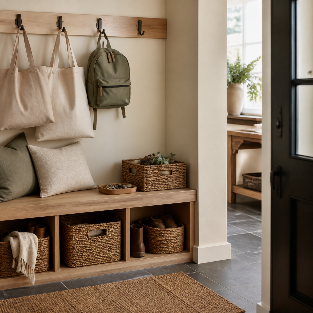 Warm family entryway organized with woven baskets, tote bags, and a sage backpack