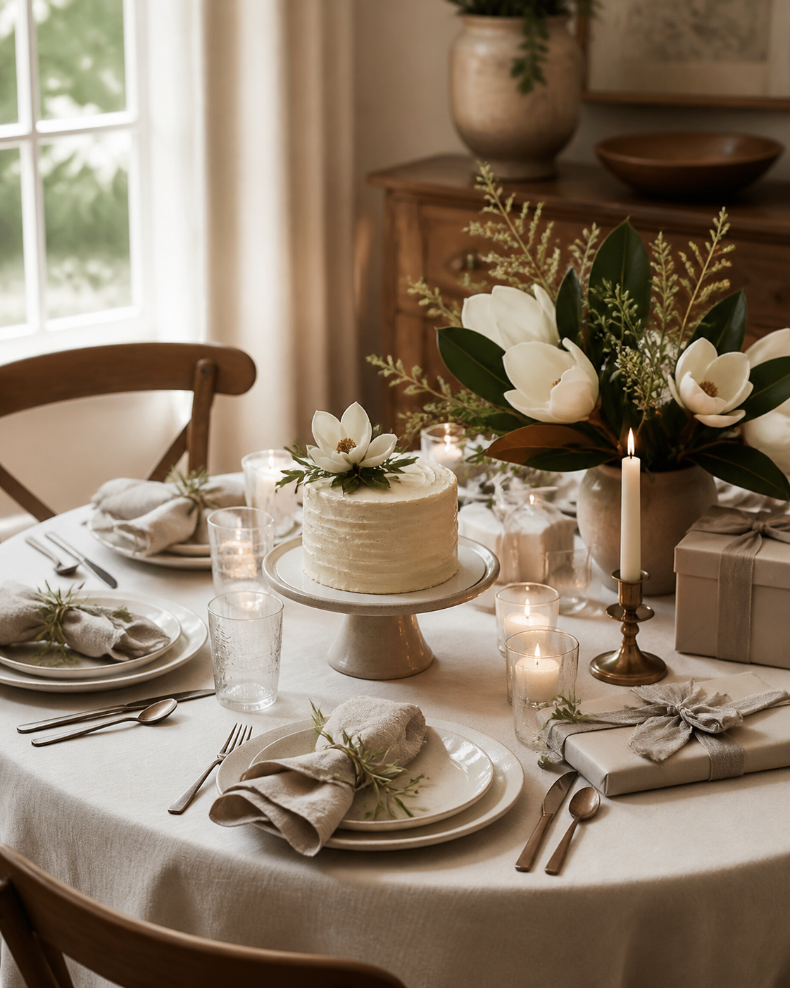 Intimate family birthday celebration with magnolia flowers and a simple white cake