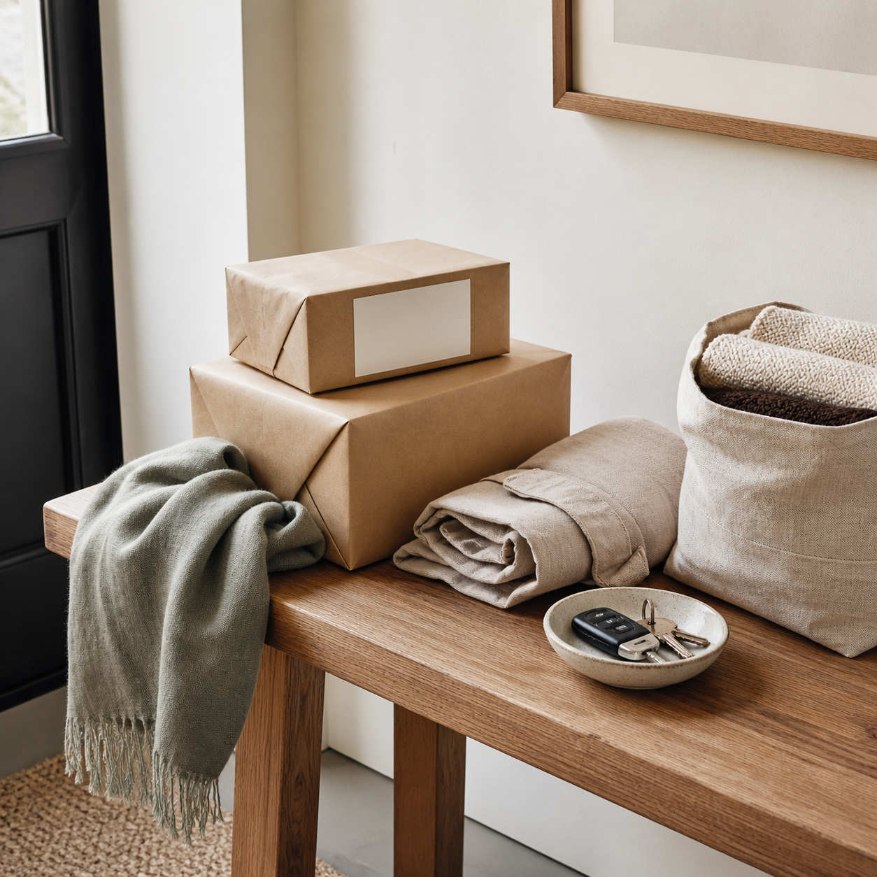 Organized family errands and donation drop-off ready by the entryway