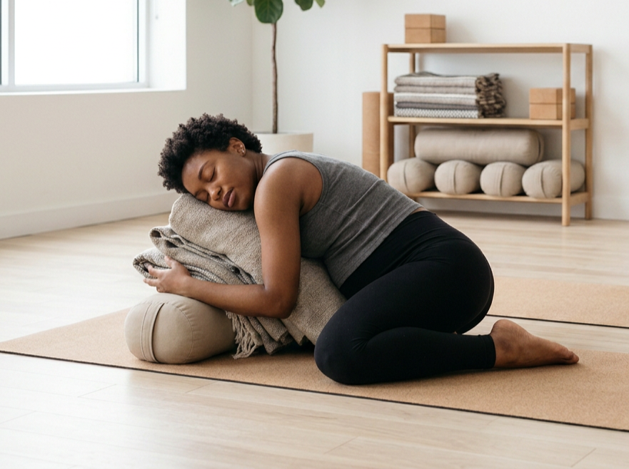 A woman practicing yoga or meditation, resting her head and arms on a bolster pillow, in a peaceful, minimalistic room with natural light.
