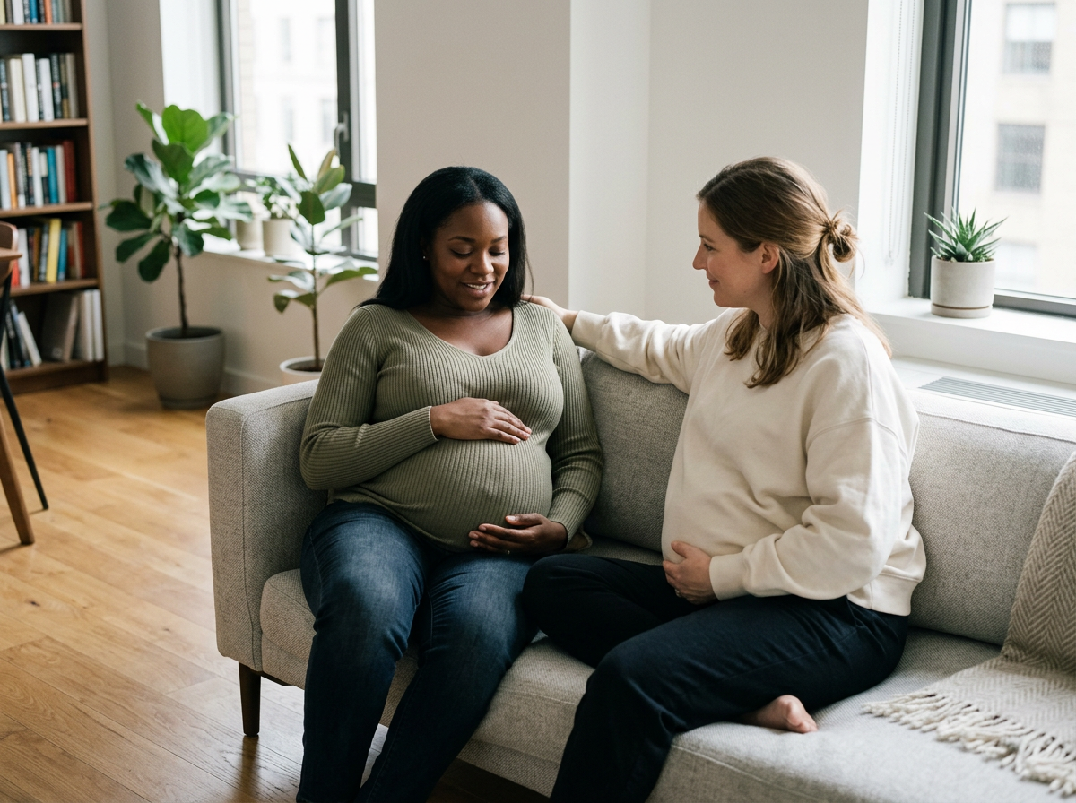 A pregnant woman sitting on a sofa, gently touching her belly, being comforted by another woman with her hand on her shoulder, in a cozy living room with large windows, potted plants, and books.