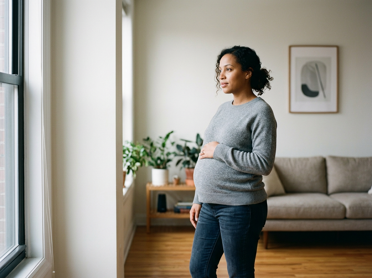 Pregnant woman standing by window in living room, holding her belly and looking outside.