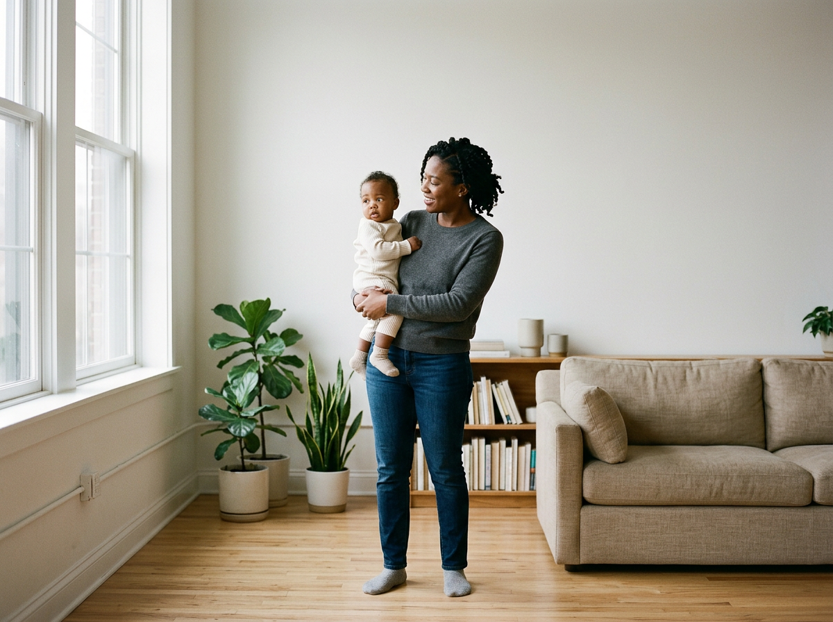 A woman holding a baby inside a bright living room with large windows, a beige sofa, and potted plants.