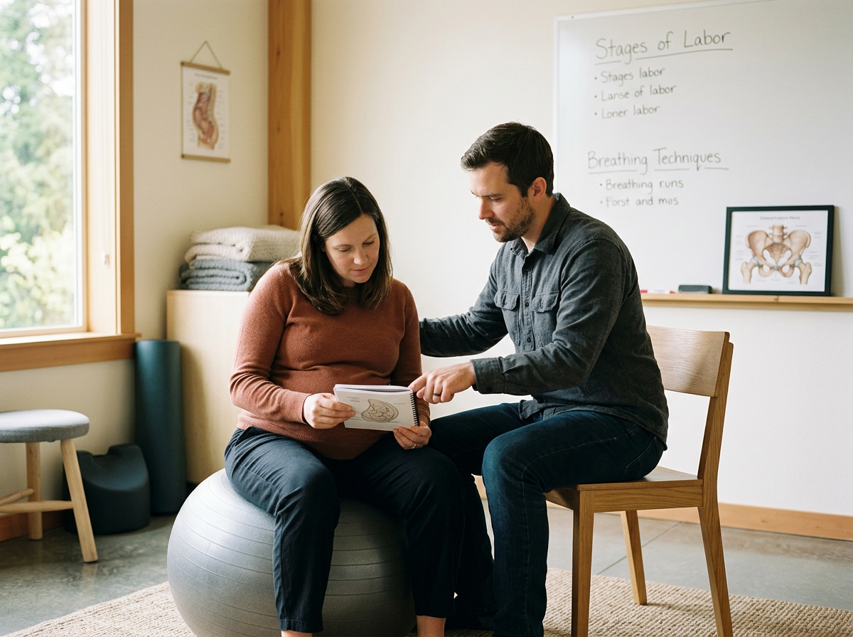 A woman sits on an exercise ball, looking at a booklet, while a man shares information and gestures towards the booklet. Behind them, there is a whiteboard with notes on labor stages and breathing techniques, a framed anatomical diagram on a shelf, and a window with natural light.