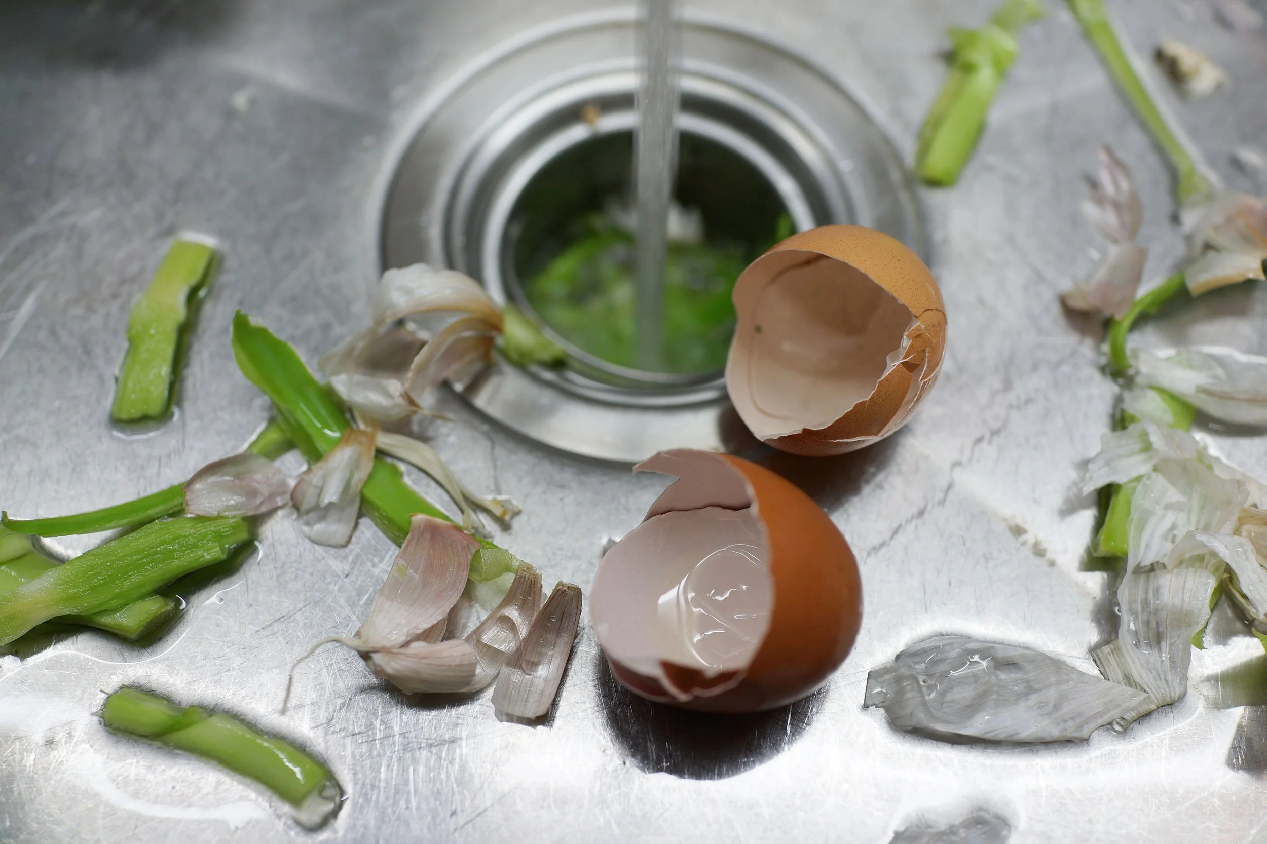 Eggshells and green onion pieces scattered on a stainless steel kitchen sink surface.