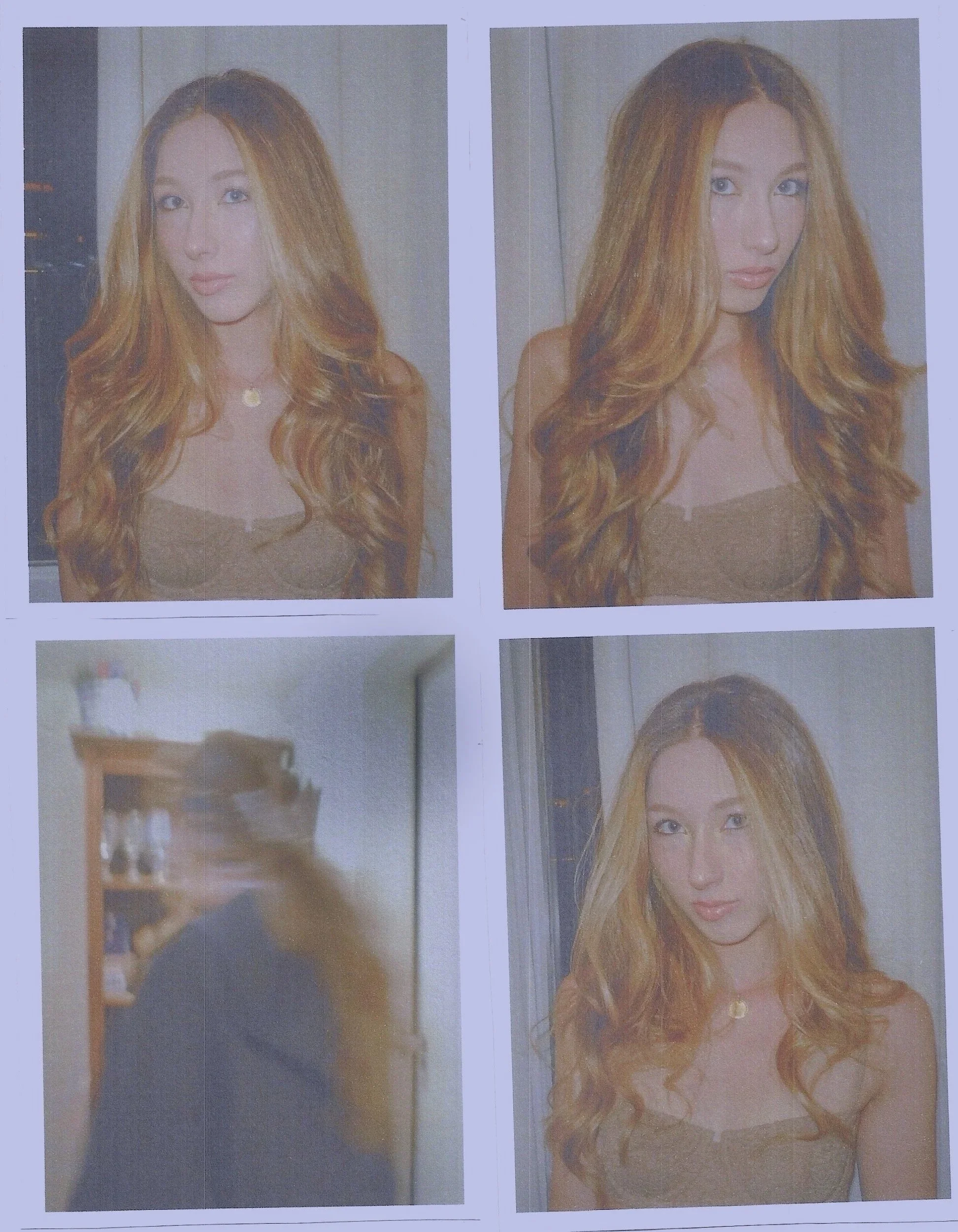 Two versions of a woman with long, wavy red hair and blue eyes, one with a more serious expression and the other with a slight smile, taken indoors against a light-colored wall.