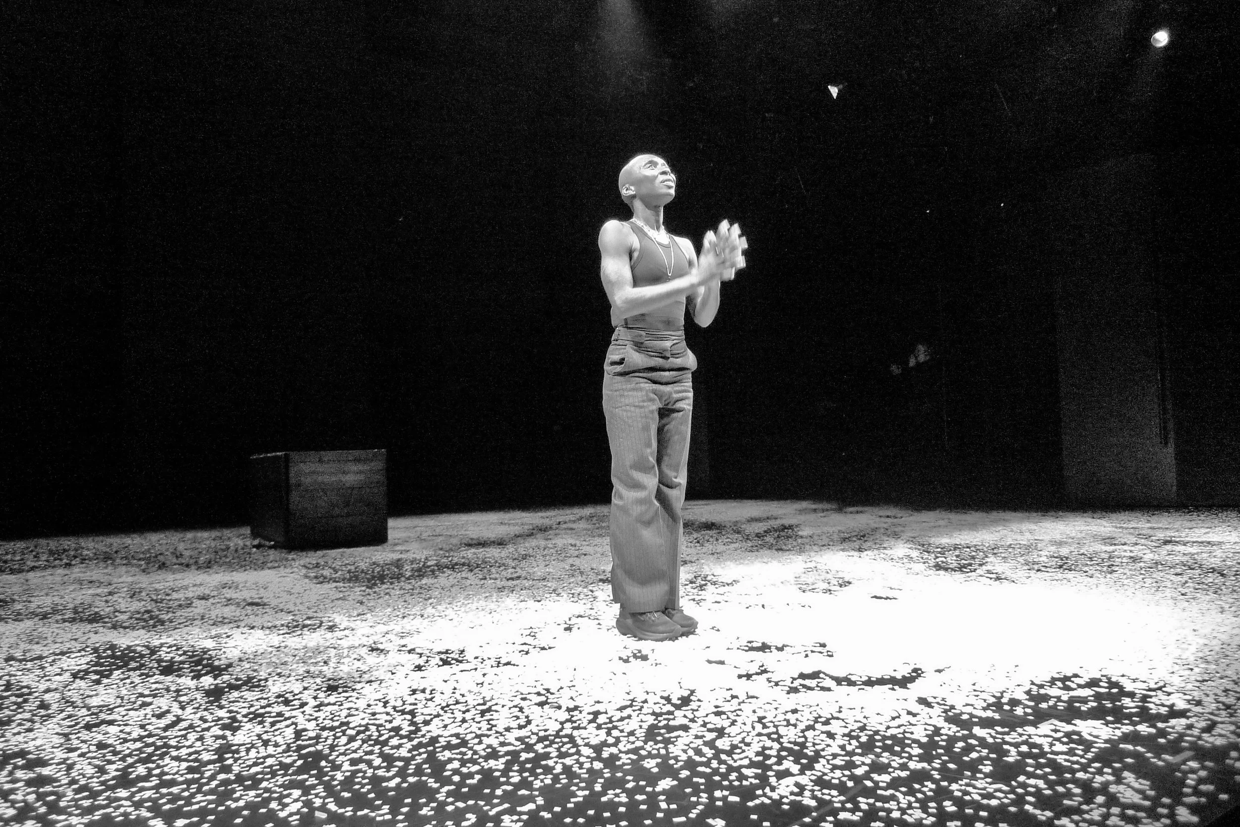 A person standing on a surface covered with leaf-shaped objects, looking upward with hands clasped, illuminated by a spotlight against a dark background.