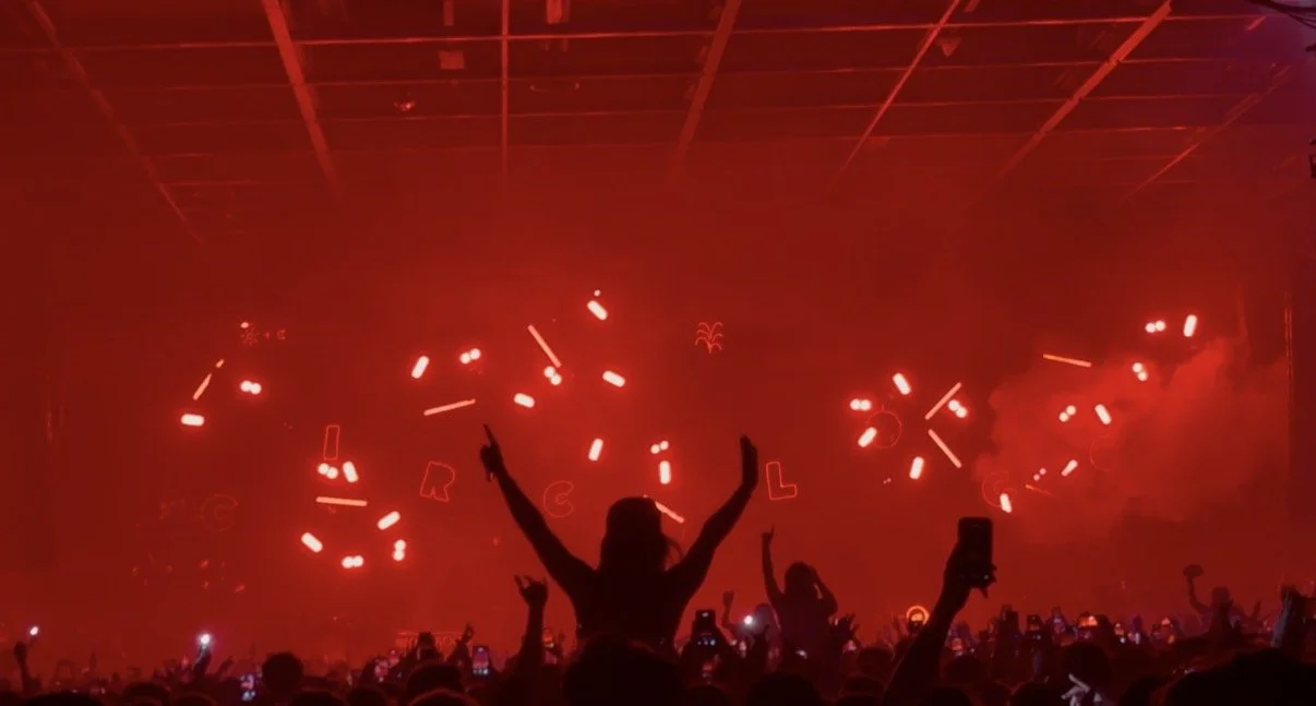 A concert with a silhouette of a person raising their arms in front of a red-lit stage with many people, some holding phones, and neon clock-like visuals in the background.