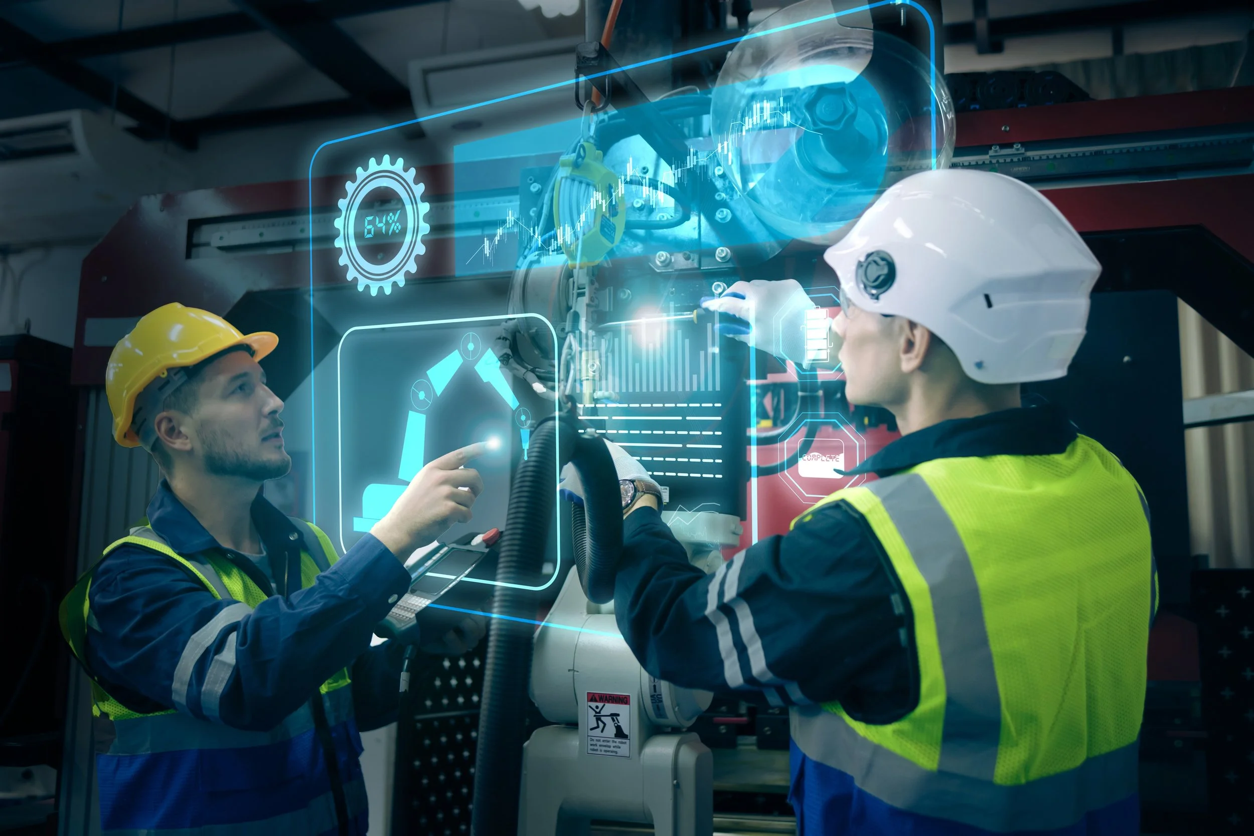 Two workers wearing safety gear inspect equipment with digital overlays showing analytics and a gear icon with 54%.