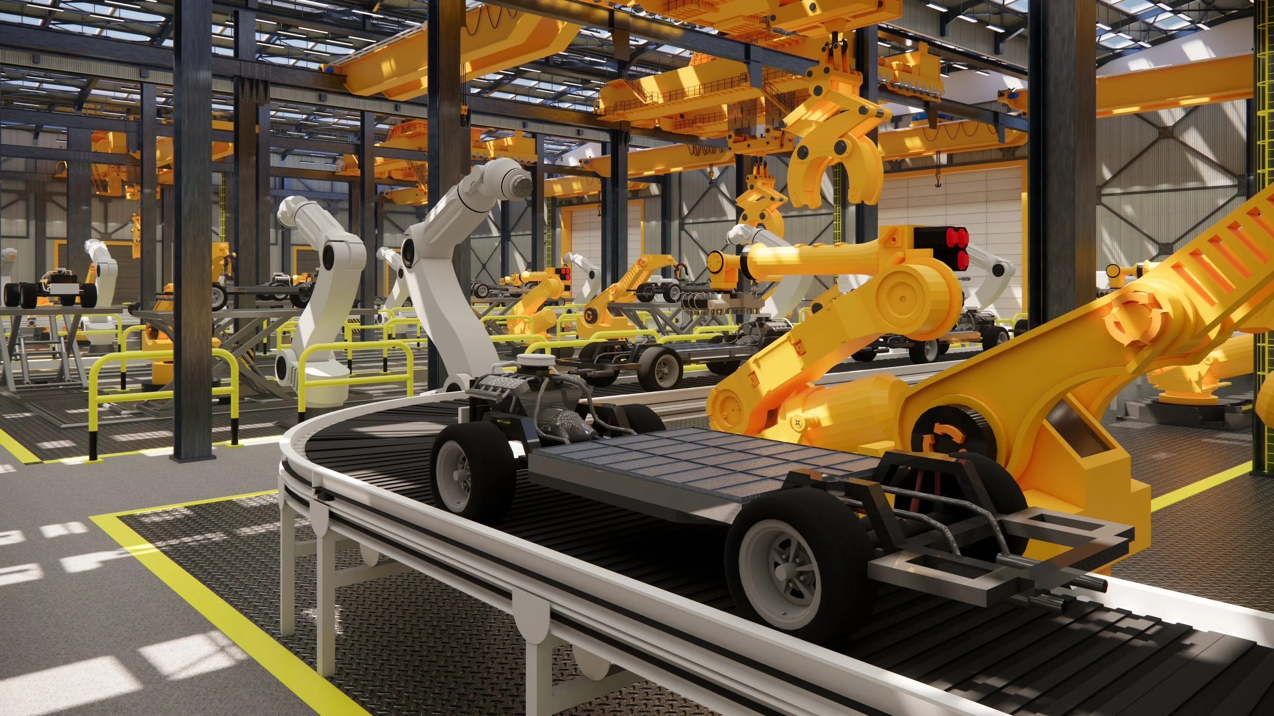 Industrial factory with robotic arms and automated machinery, including yellow robotic arms, conveyor belts, and vehicle frames, inside a large warehouse.