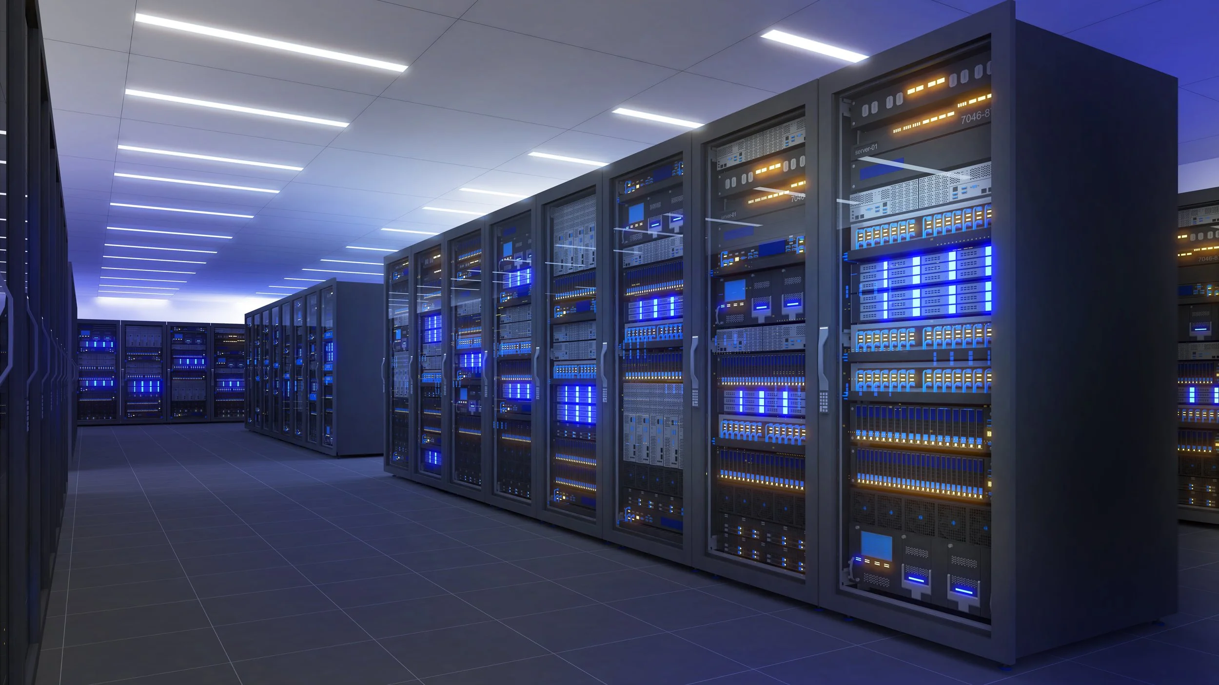 A modern data center with rows of server racks illuminated by blue and yellow LED lights, under a white ceiling with linear lighting.