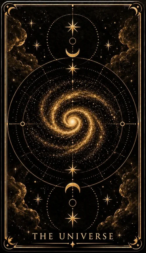 Ornate depiction of the universe with a swirling galaxy at the center surrounded by stars, moons, and celestial symbols, with the words 'The Universe' at the bottom. Book a Tarot Reading at Synergy Healing Arts in Ogden, Utah.