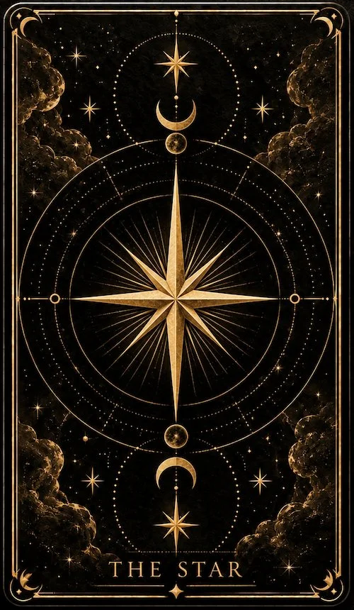 A mystical star chart featuring a large gold compass rose at the center, surrounded by small stars, moons, and celestial symbols on a black background with clouds at the corners and the words "The Star" at the bottom.