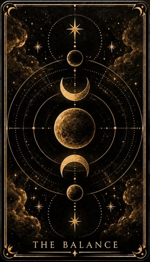 Tarot card titled 'The Balance' featuring a celestial design with moons, stars, planets, and clouds in gold and black.