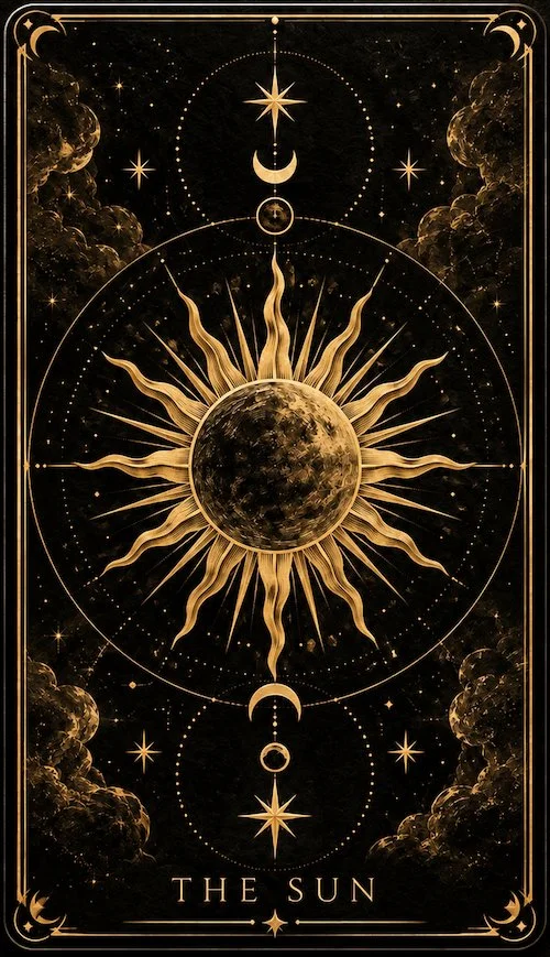 A decorative celestial illustration featuring a large sun in the center with stylized rays, surrounded by moons, stars, and cloud-like formations, titled 'The Sun' at the bottom.