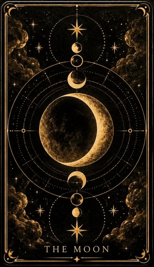 Celestial illustration of the moon's phases, stars, and planets against a dark background with decorative borders, labeled 'The Moon' at the bottom.