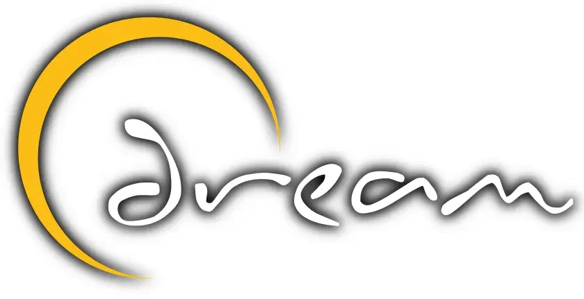 Logo with a yellow crescent moon and the word 'Dream' in white, cursive script. Buy a Dream Gong at Synergy Healing Arts in Ogden, Utah.